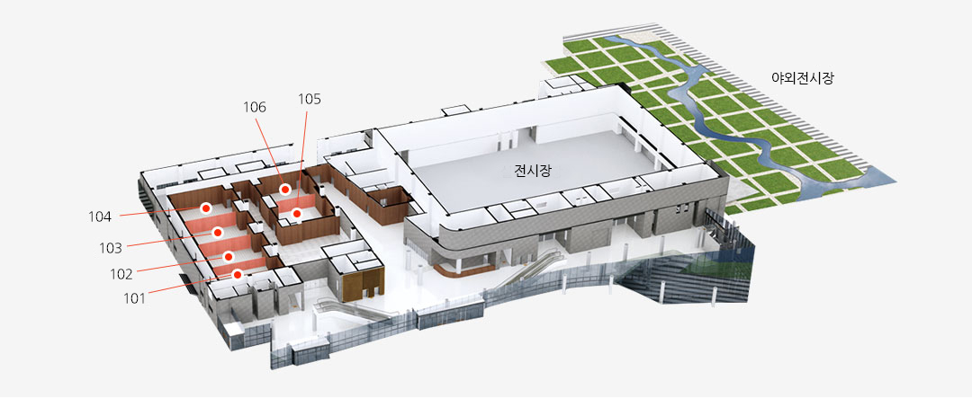 경주화벡컨벤션센터 1층 구조사진으로  101동에서 106동까지 6개의 회의실과 115개 부스설치가 가능한 실내전시장, 200개 부스설치가 가능한 야외전시장 입니다.