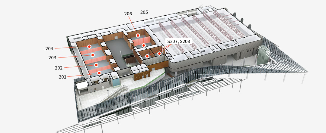 경주화벡컨벤션센터 2층 구조사진으로 201동에서 206동까지 6개의 회의실과 S207, s208의 추가 공간이 있습니다.